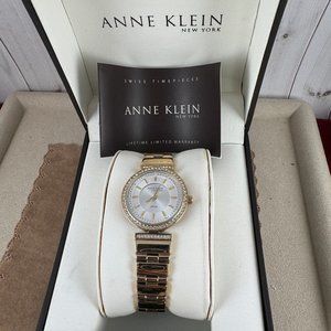 Anne Klein Swarovski Crystal Gold Tone Ladies Watch Guilloche Enameled Dial